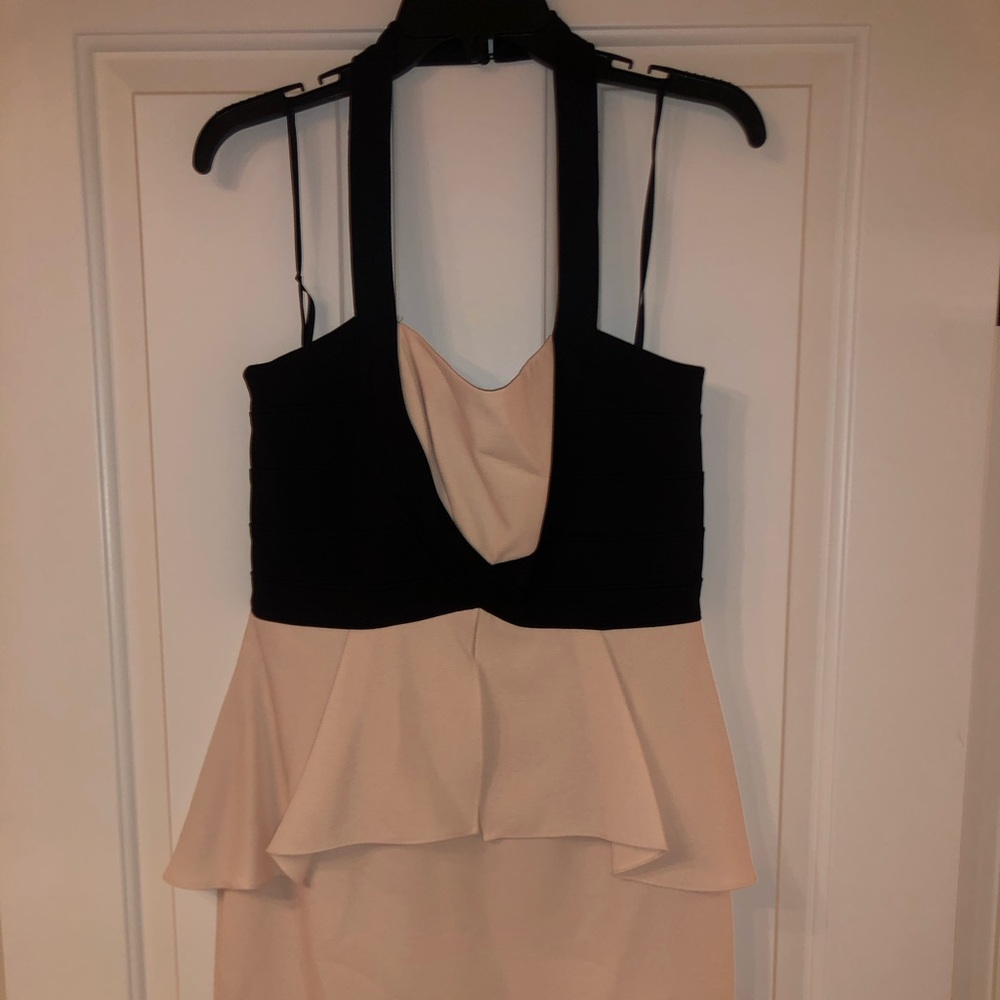 BCBG MazAzaria Cream & black peplum dress
